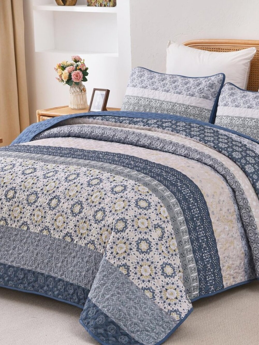 Boho Quilt Set King,3 Pcs Blue Floral Striped Bedspread